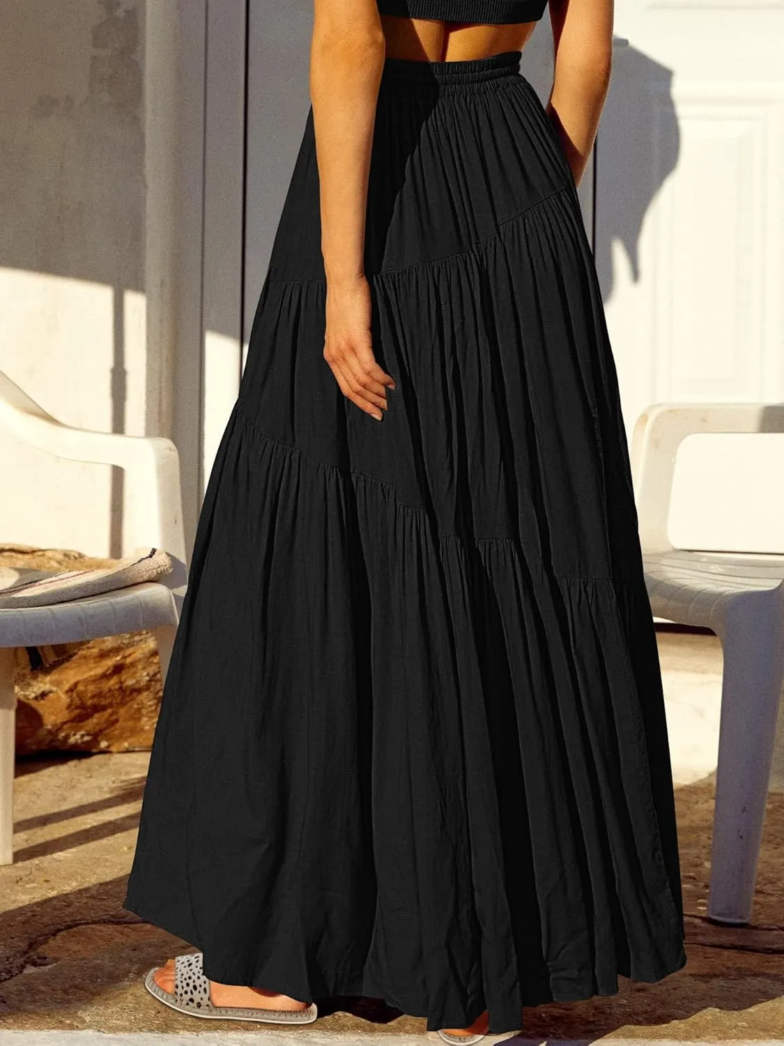 ANRABESS Women??s Boho Elastic High Waist Pleated A-Line Flowy Swing Asymmetric Tiered Maxi Long Skirt Dress with Pockets
