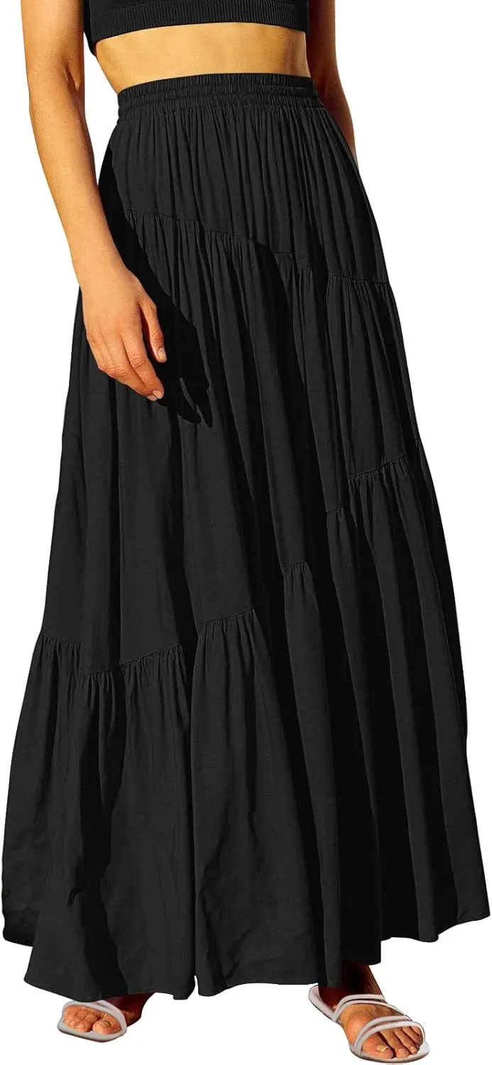 ANRABESS Women??s Boho Elastic High Waist Pleated A-Line Flowy Swing Asymmetric Tiered Maxi Long Skirt Dress with Pockets
