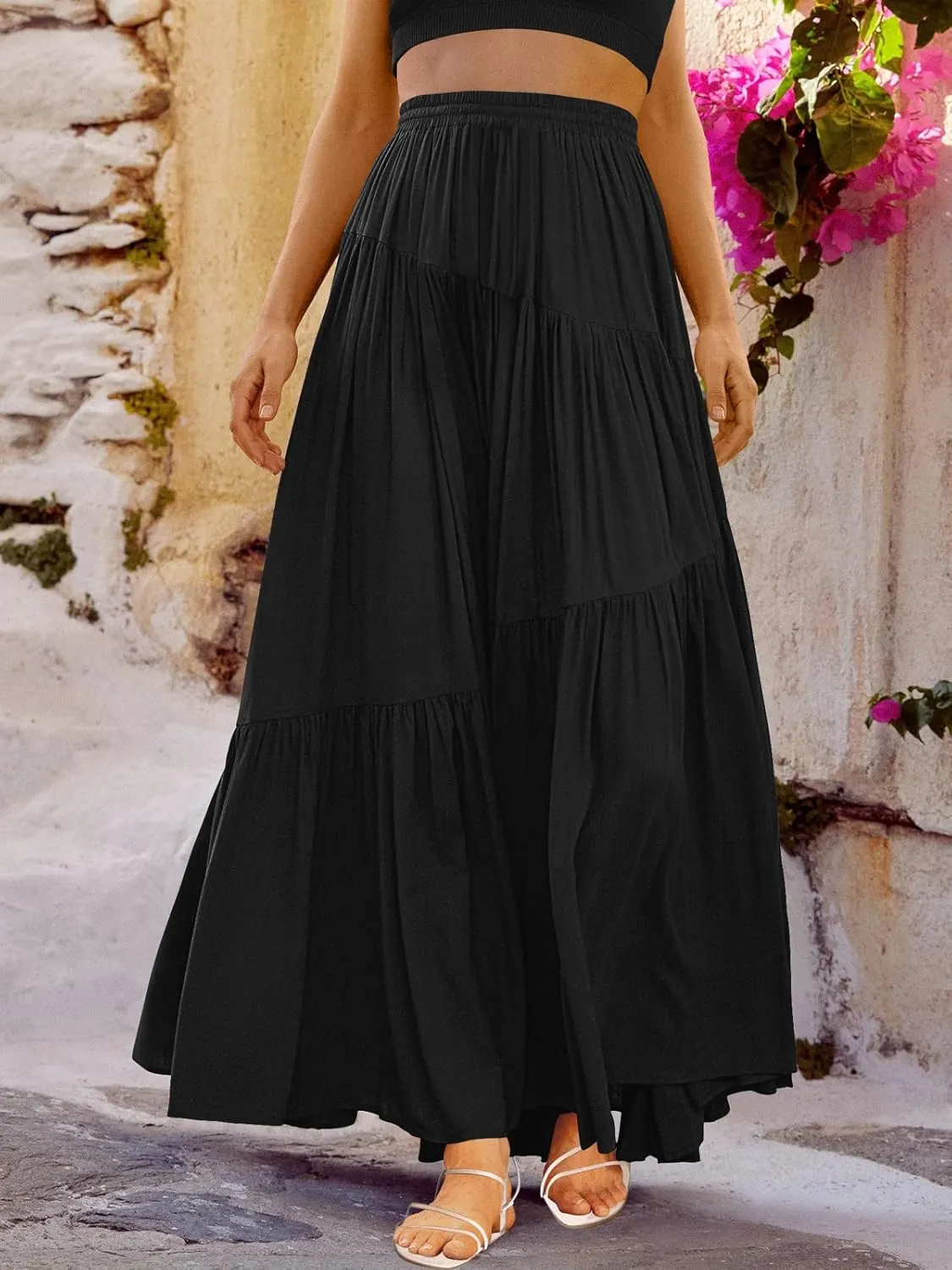 ANRABESS Women??s Boho Elastic High Waist Pleated A-Line Flowy Swing Asymmetric Tiered Maxi Long Skirt Dress with Pockets