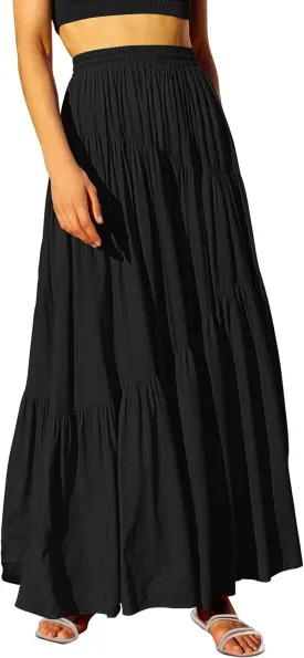 ANRABESS Women??s Boho Elastic High Waist Pleated A-Line Flowy Swing Asymmetric Tiered Maxi Long Skirt Dress with Pockets