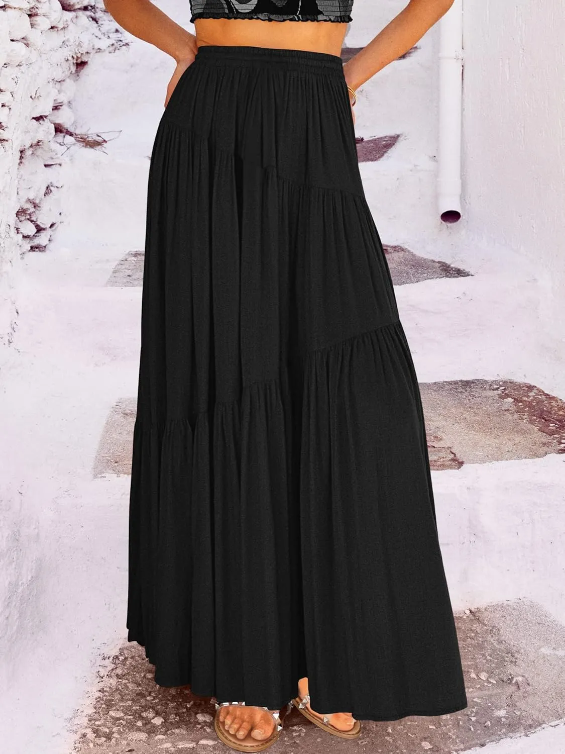ANRABESS Women??s Boho Elastic High Waist Pleated A-Line Flowy Swing Asymmetric Tiered Maxi Long Skirt Dress with Pockets